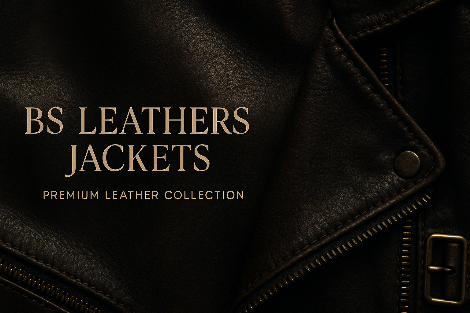 Hero banner look with minimal text.

Brand name thoda subtle (logo style ni, but bold luxury placement).

Ek tagline / collection highlight jaisa: “Premium Leather Collection” ya “Fall/Winter Edit”.

Background main wahi aapka jackets ka artistic close-up rahega (dark & moody, premium feel).

Layout: Text thoda side aligned (left/right) instead of center, taake image ka texture bhi highlight ho.